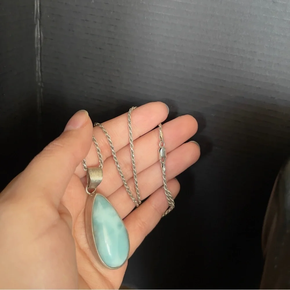 Very heavy Sterling silver larimar 20 inch necklace 2 inch pendant